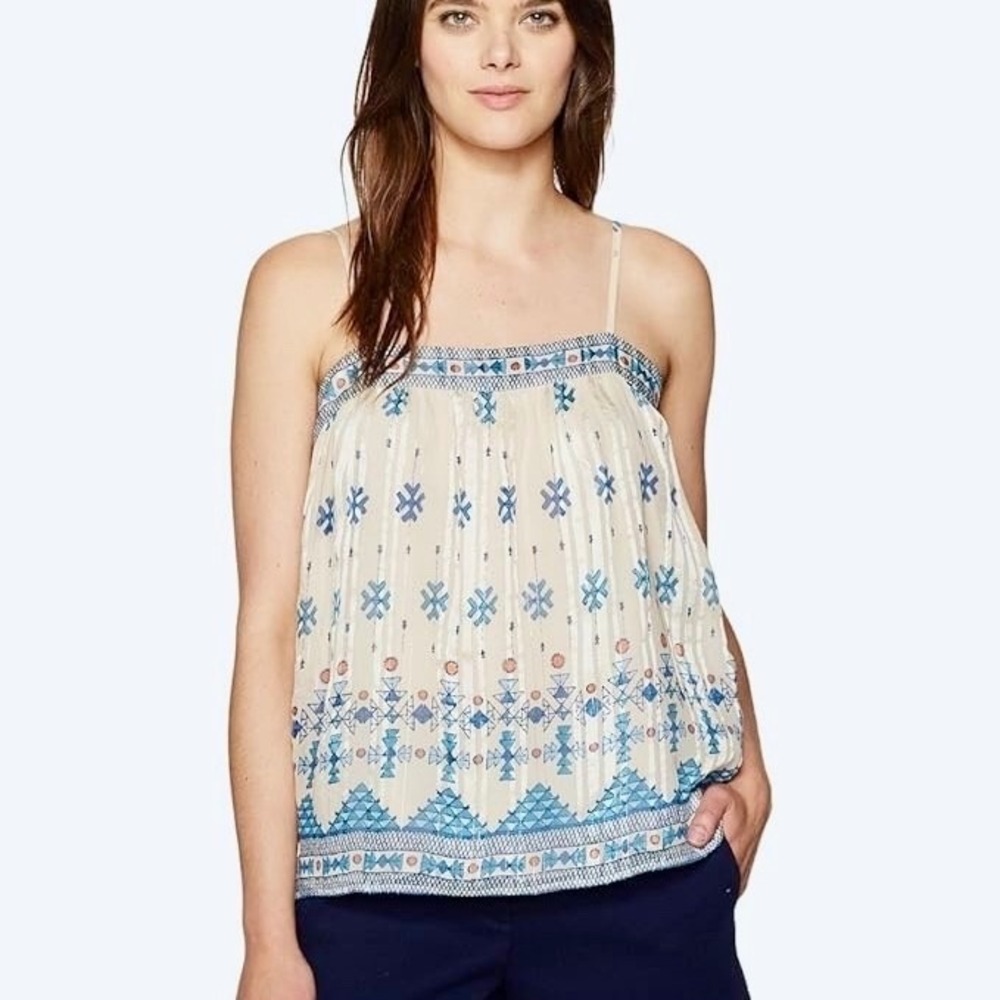 NWT JOIE Rosenda Silk Tank Blouse Aztec‎ Print Cream Blue Metallic Threads L NWT - Picture 11 of 17